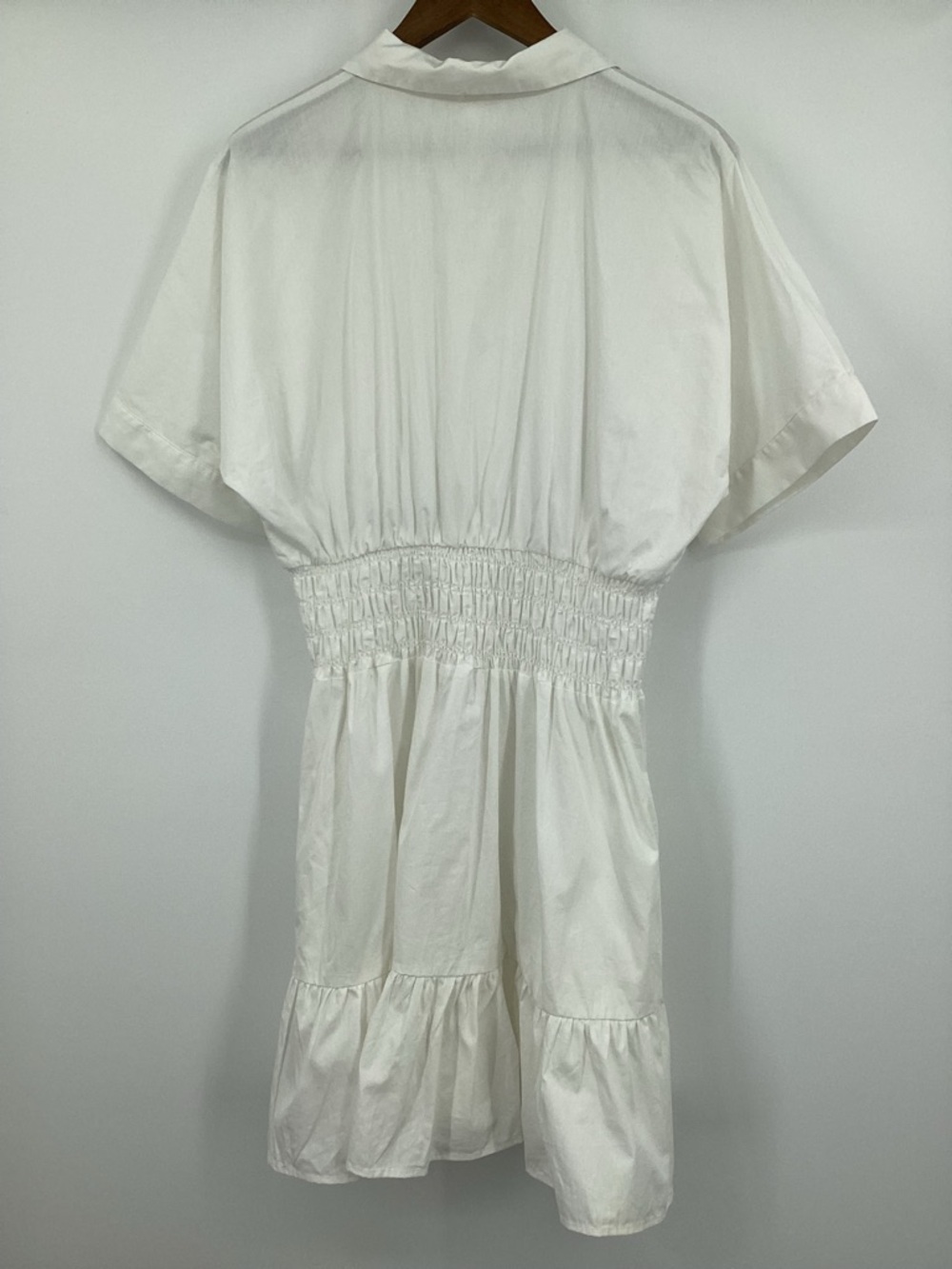 White Short Sleeve Mini Shirt Dress with Smocked Waist - Picture 3 of 12